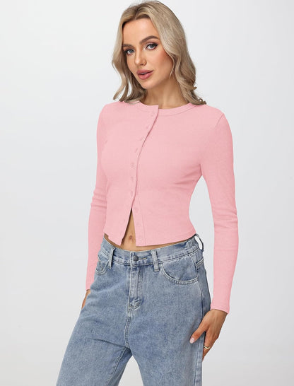 Womens Long Sleeve Tops Fall Lightweight Cardigan Cropped Going Out Shirts Ribbed Button Down Cute Trendy 2025