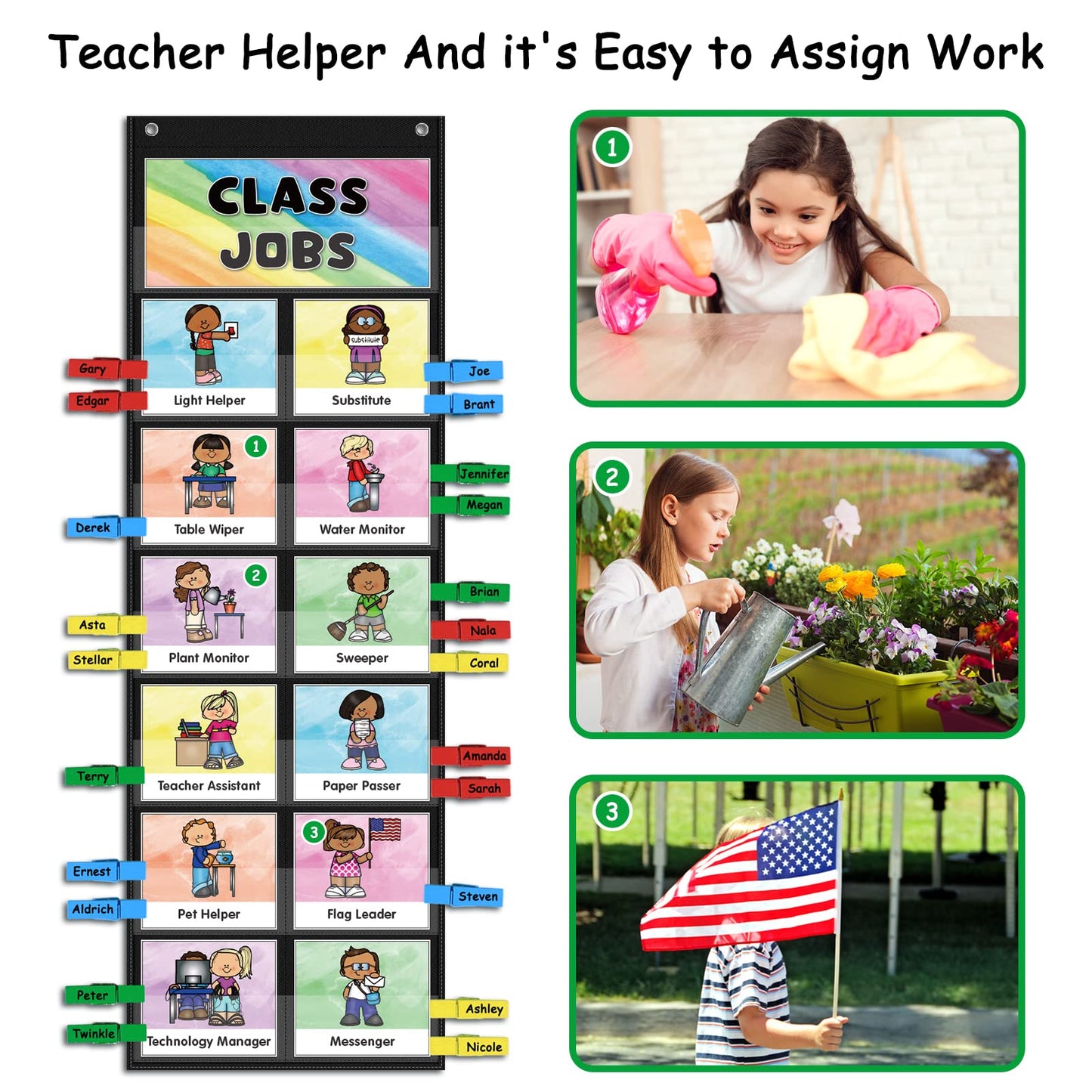 ABCxGOOD Class Jobs Pocket Chart Class Management Educational Pocket Chart Teacher's Helper, Preschool Classroom Must Haves Supplies, Great for Classroom Homeschool. (Black) (Black, 29.5"*10")