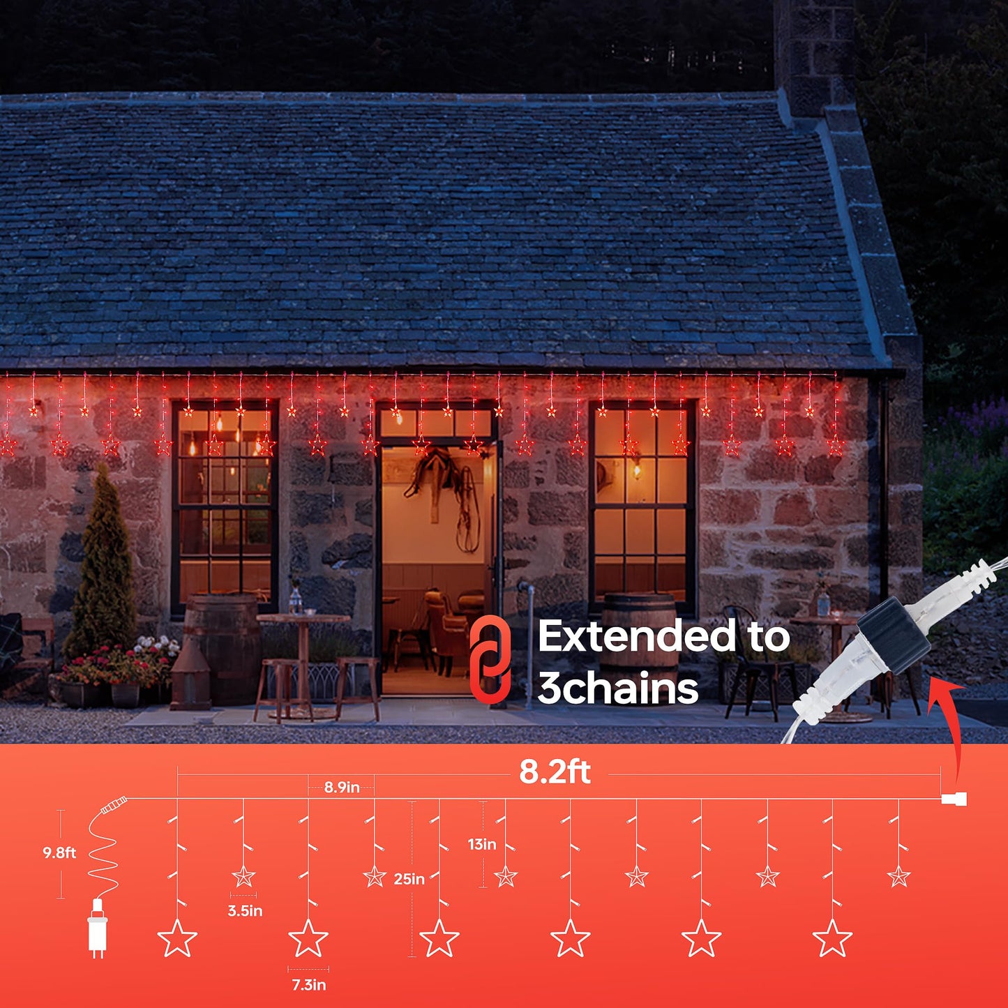 MYGOTO Red Christmas Star Icicle Lights,8.2FT 126LED Curtain String 8 Modes Memory Timer,Connectable Plug in Waterproof for Halloween/Valentine's Day/Patio/Wedding/Party/Xmas Indoor Outdoor Decor,Red