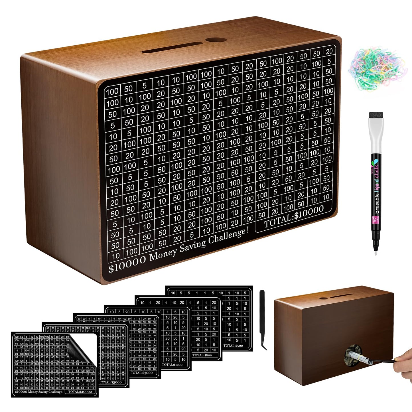 Wooden Money Saving Box, Cash Vault Savings Box for $10000 $5000 $3000 $1000 $800 $500 Target Money Saving Challenge, Reusable Money Box with Counter, Dry Erase Pen/Savings Trackers/Rubber Band-Brown