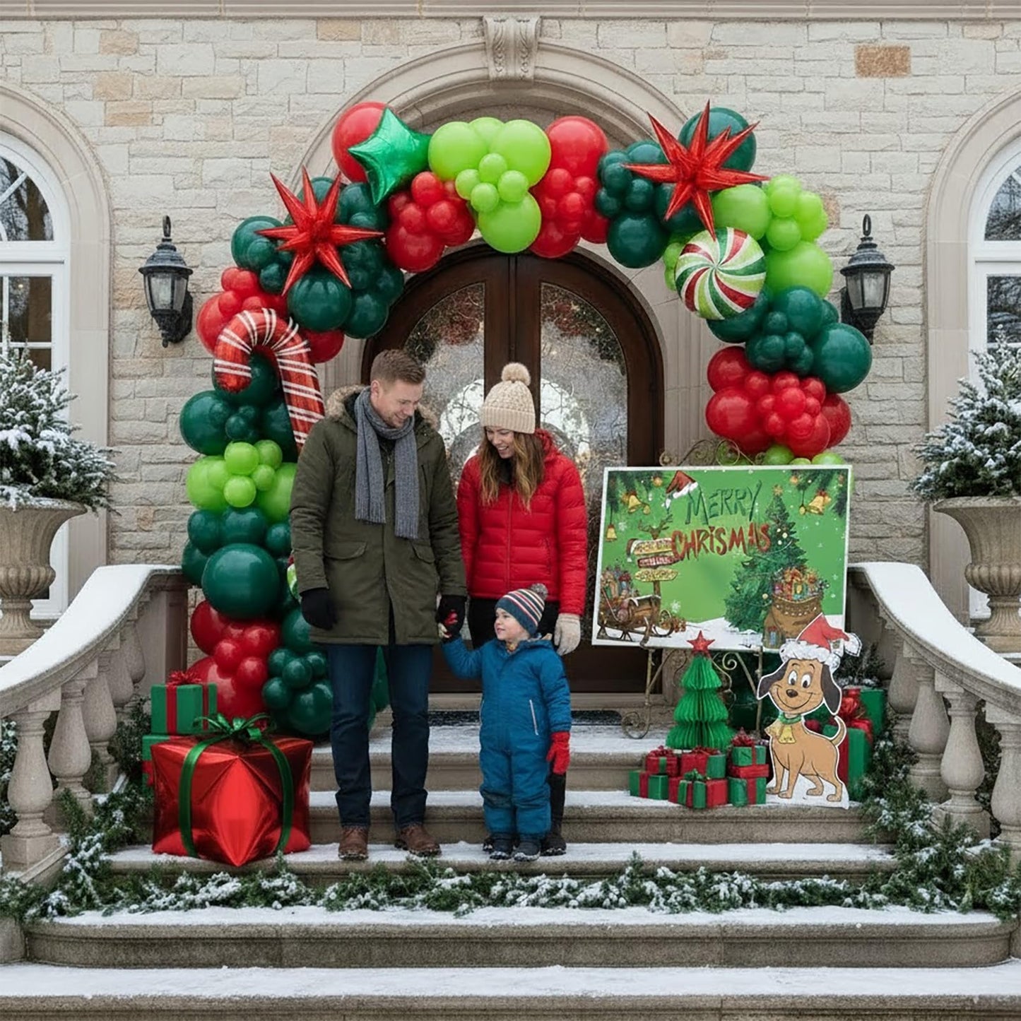 Christmas Balloon Garland Arch Kit with backdrop Xmas Red Green Balloons Candy Cane Gift Box Star Foil Balloons for Christmas New Year Birthday Party Decorations (Red Green)