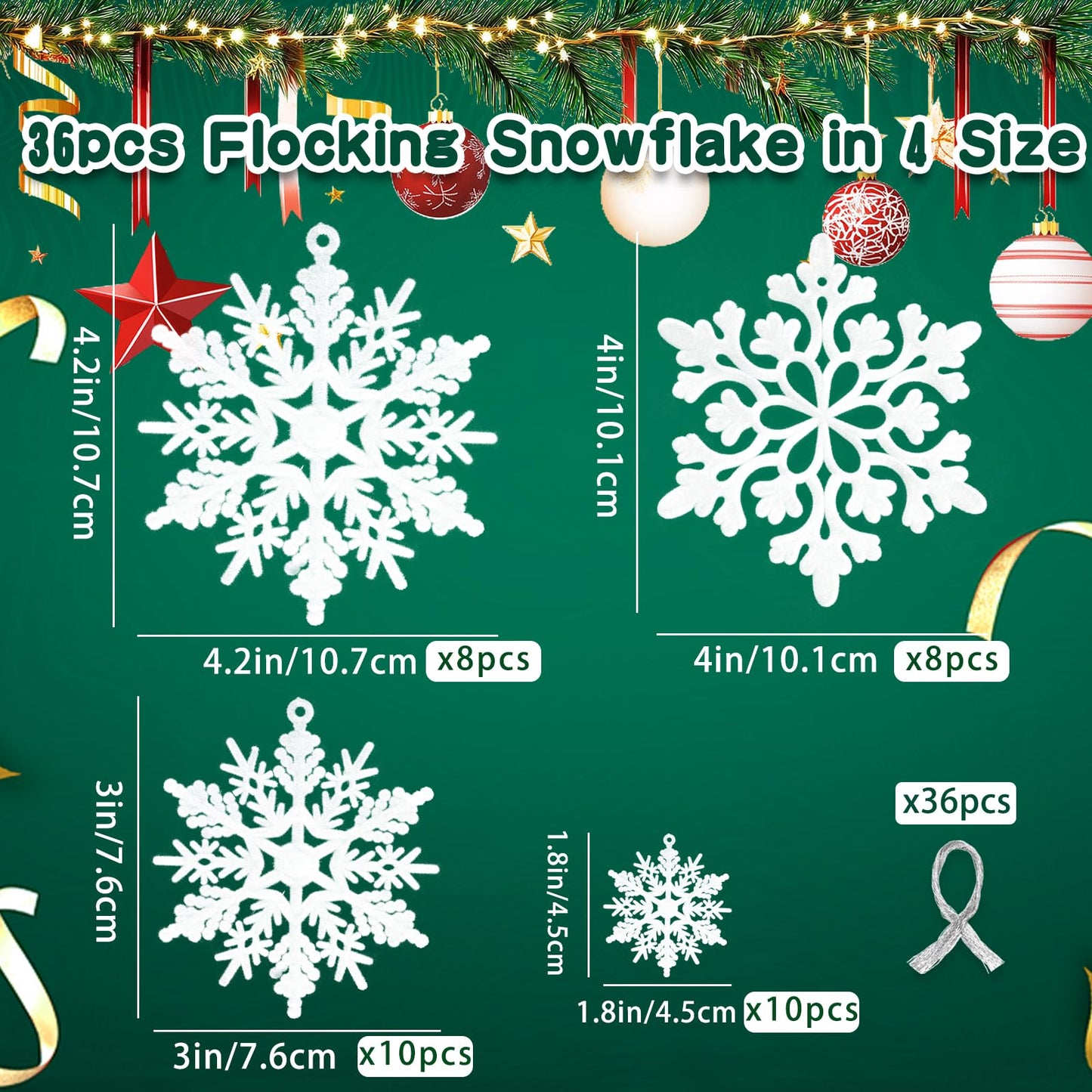 36pcs Velvet Christmas Snowflake Ornaments Hanging Felt Flocked Snow Flakes for Christmas Tree Decorations Winter Wonderland Frozen Birthday Party Holiday Home Decor Craft Snowflakes White