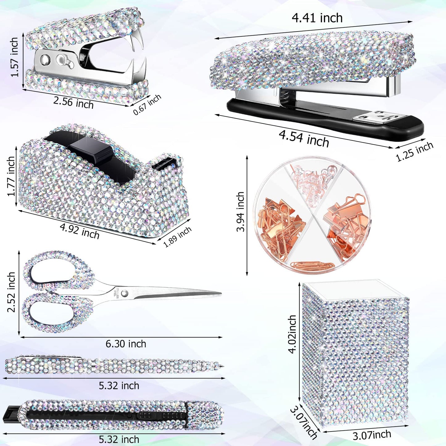 Teling 10 Pcs Bling Office Accessories for Desk Bling Crystal Office Supplies Set Desk Accessory Kit Glitter Stapler Staple Remover Tape Dispenser Diamond Pen Scissors for Women Home(Silver)