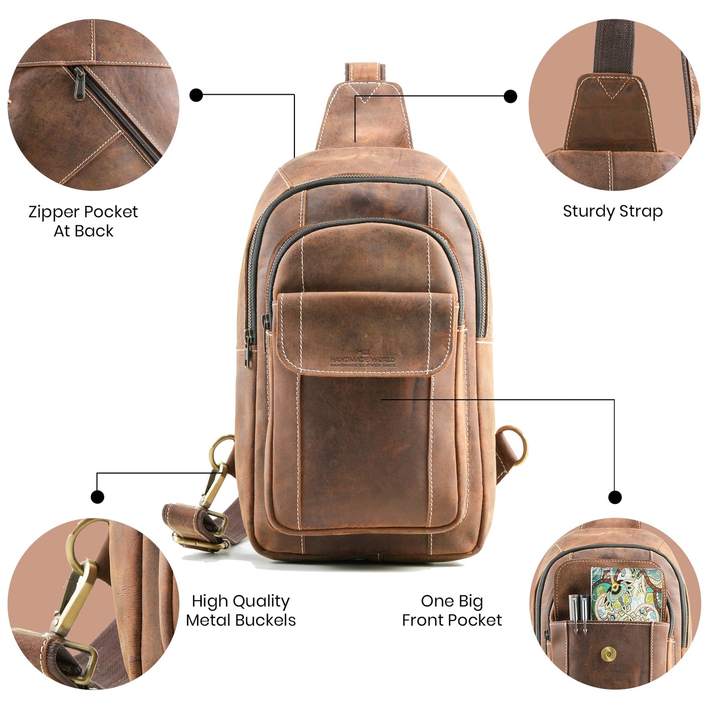 Handmade World Genuine Leather Sling Chest Crossbody Bag Backpack Small 'The RoamRush' Buffalo Hunter Leather Shoulder Travel Daypack
