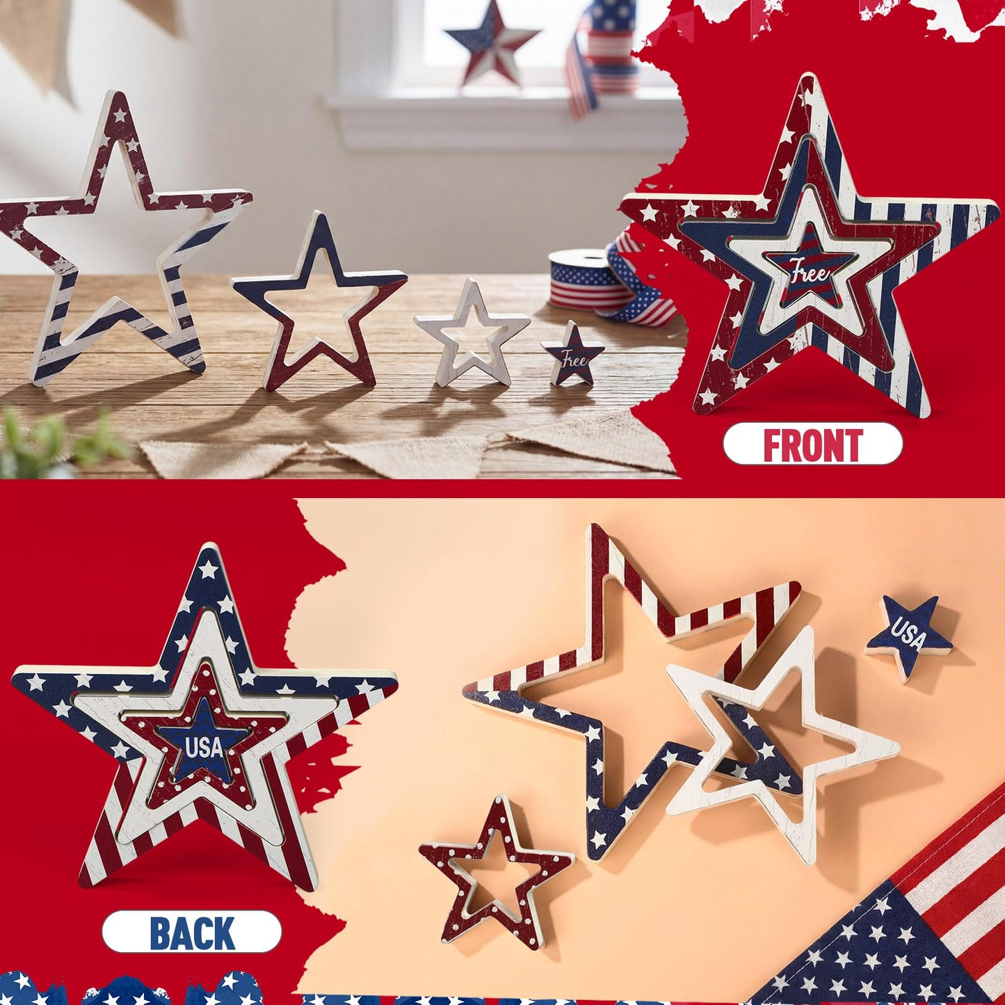 Funnymoom 4 Pcs Patriotic Table Decorations Centerpieces 4th of July Star Wooden Signs Rustic Double-sided Independence Day Red White Blue Stars for Tiered Tray Mantle Kitchen Shelf Memorial Day Decor
