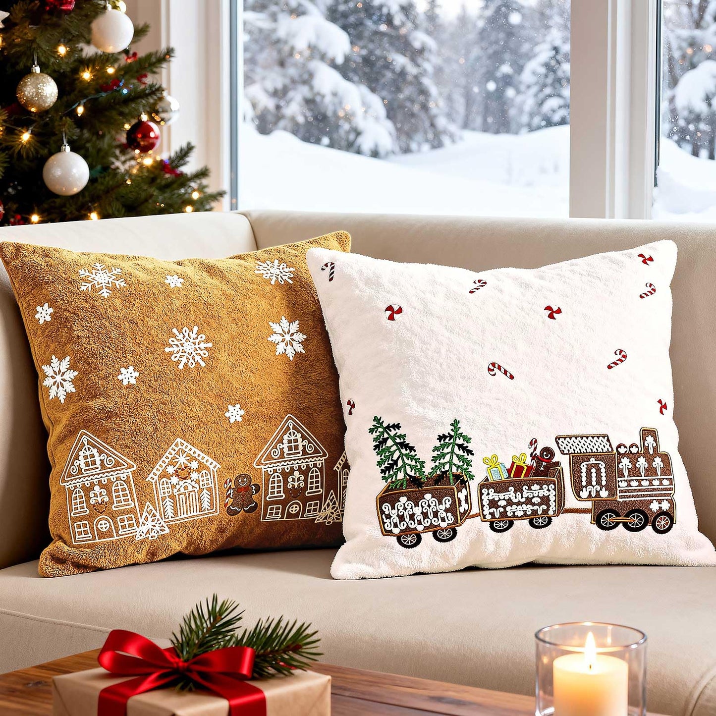 Lanpn 16x16 Christmas Pillow Covers Set of 2, Embroidery Gingerbread Man House Decorative Holiday Pillowcase Pillow Case Cushion 16 x 16 for Indoor Home Bedroom Sofa Couch Xmas Decor
