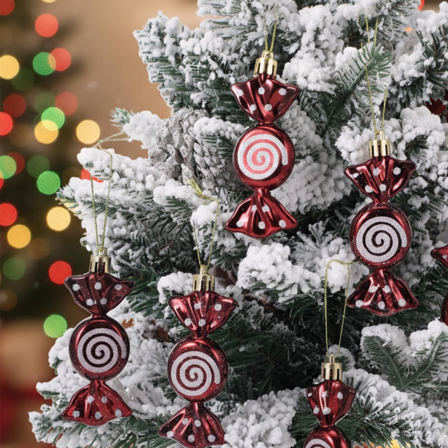 Threan 12 Pcs Christmas Candy Ornaments for Tree Decoration Hanging Glitter Candy Cane Christmas Peppermint Ornament with Golden Rope for Xmas Holiday Decoration(Burgundy,Plastic)