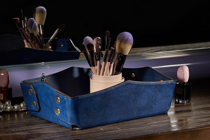 OARIE Leather Bedside Storage Tray - Jewelry Organizer for Girl's Key, Wallet, Coin Box - Travel PU Valet Tray (Dark Blue)