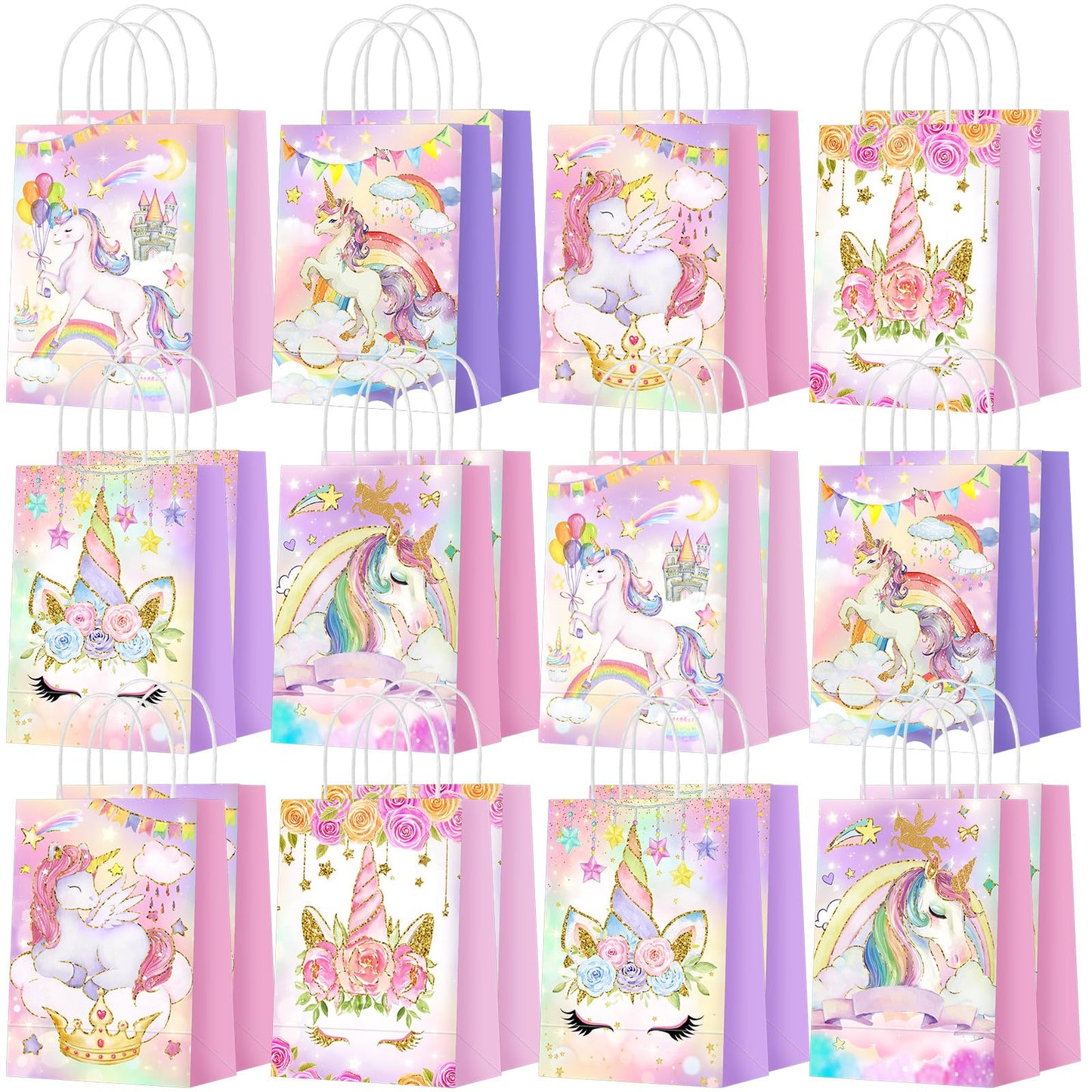 Kolldenn 24 Pcs Unicorn Party Favor Bags for Birthday Party Supplies Cute Unicorn Gift Goodie Paper Bags with Handles Rainbow Goody Treat Candy Pouch‌ for Girls Birthday Baby Shower Decorations