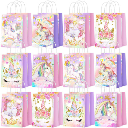 Kolldenn 24 Pcs Unicorn Party Favor Bags for Birthday Party Supplies Cute Unicorn Gift Goodie Paper Bags with Handles Rainbow Goody Treat Candy Pouch‌ for Girls Birthday Baby Shower Decorations