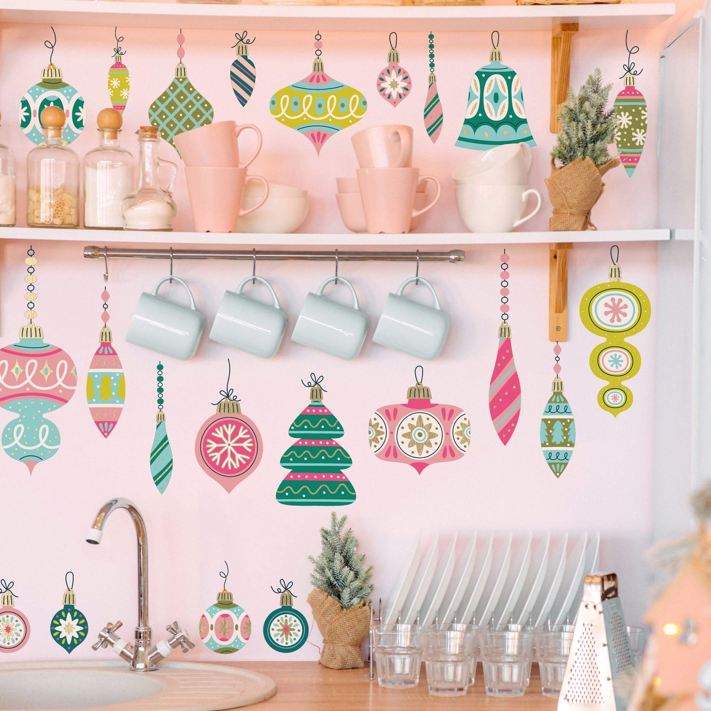 Wall Wear Trendy Christmas Decal Kit – 9 Peel & Stick Sheets with Festive Ornaments, Snowflakes & Countdown Calendar. Removable, Water-Resistant & Rental-Safe Holiday Wall décor.