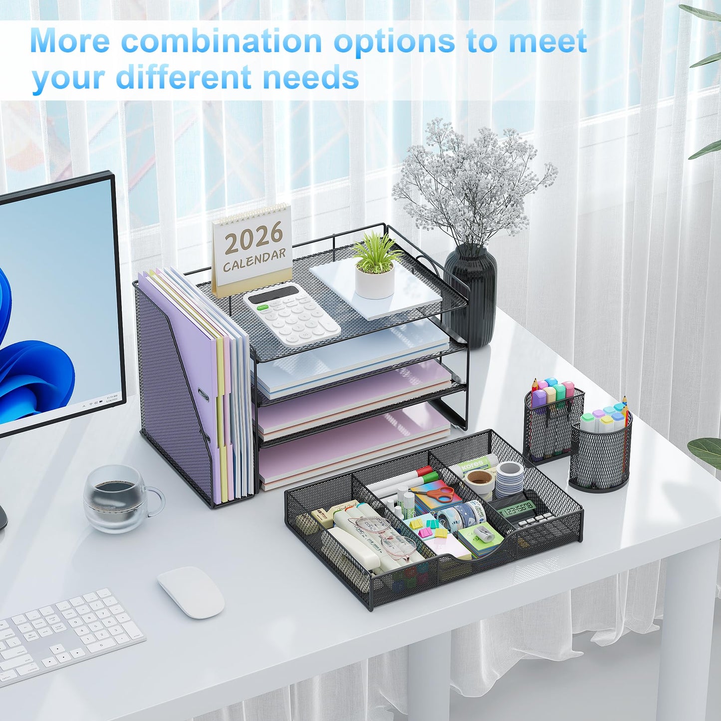 gianotter Desk Organizers and Accessories with File Holder, 4-Tier Desk Accessories & Workspace Organizers with Drawer and 2 Pen Holder, Paper Organizer for Office Supplies (Black)