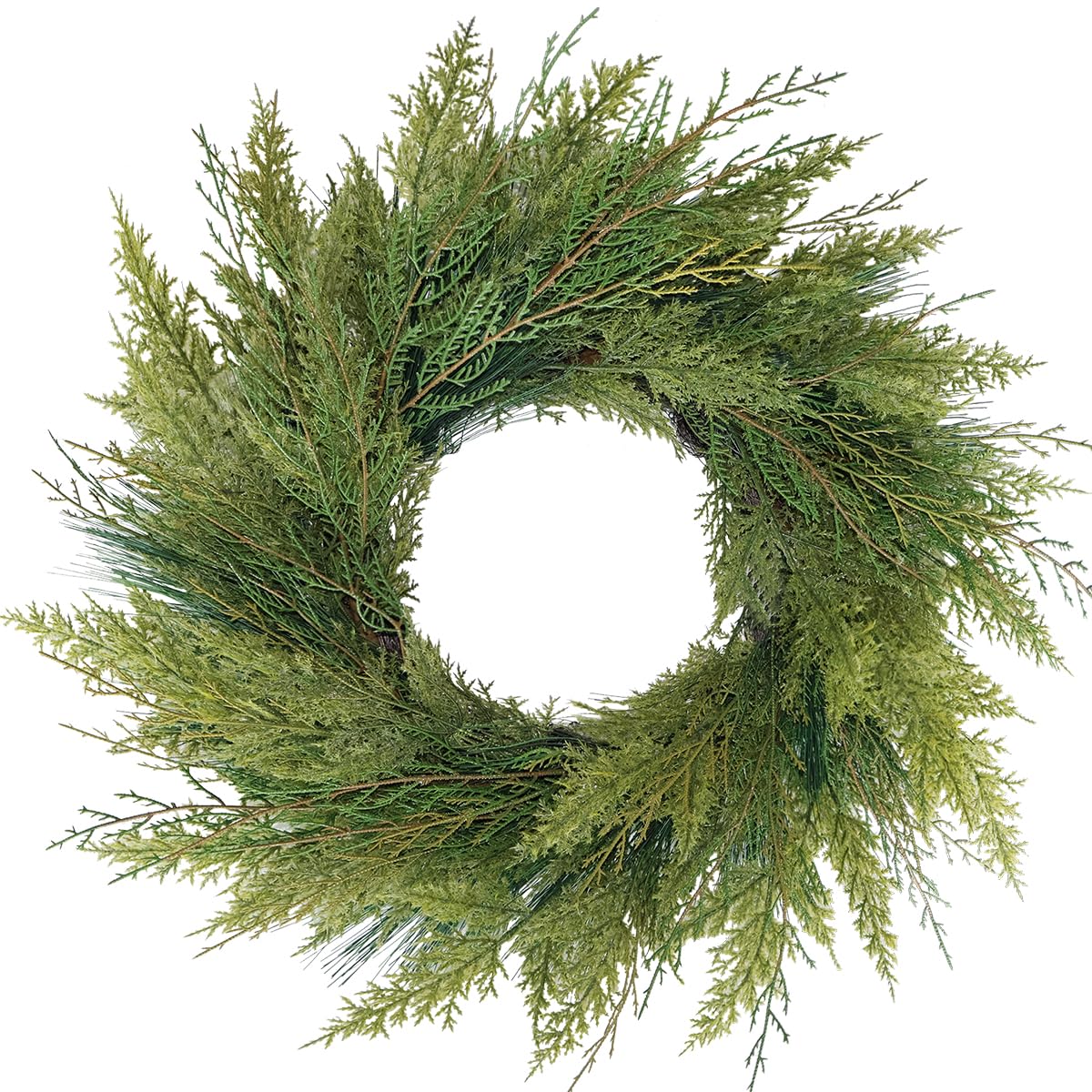 BINFEN 20” Green Faux Norfolk Pine Christmas Winter Wreath – Mixed with Real Touch Fake Cypress, Cedar & Spruce, Xmas Wreaths for Front Door Porch Mantel & Fireplace