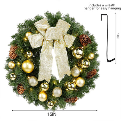 Hausse Lighted Christmas Wreath with Metal Hanger, Pre-lit Xmas Wreath with Large Golden Bow & Balls, Battery Operated with 40 LEDs Lights, for Front Door Gate Wall Christmas Party Decorations