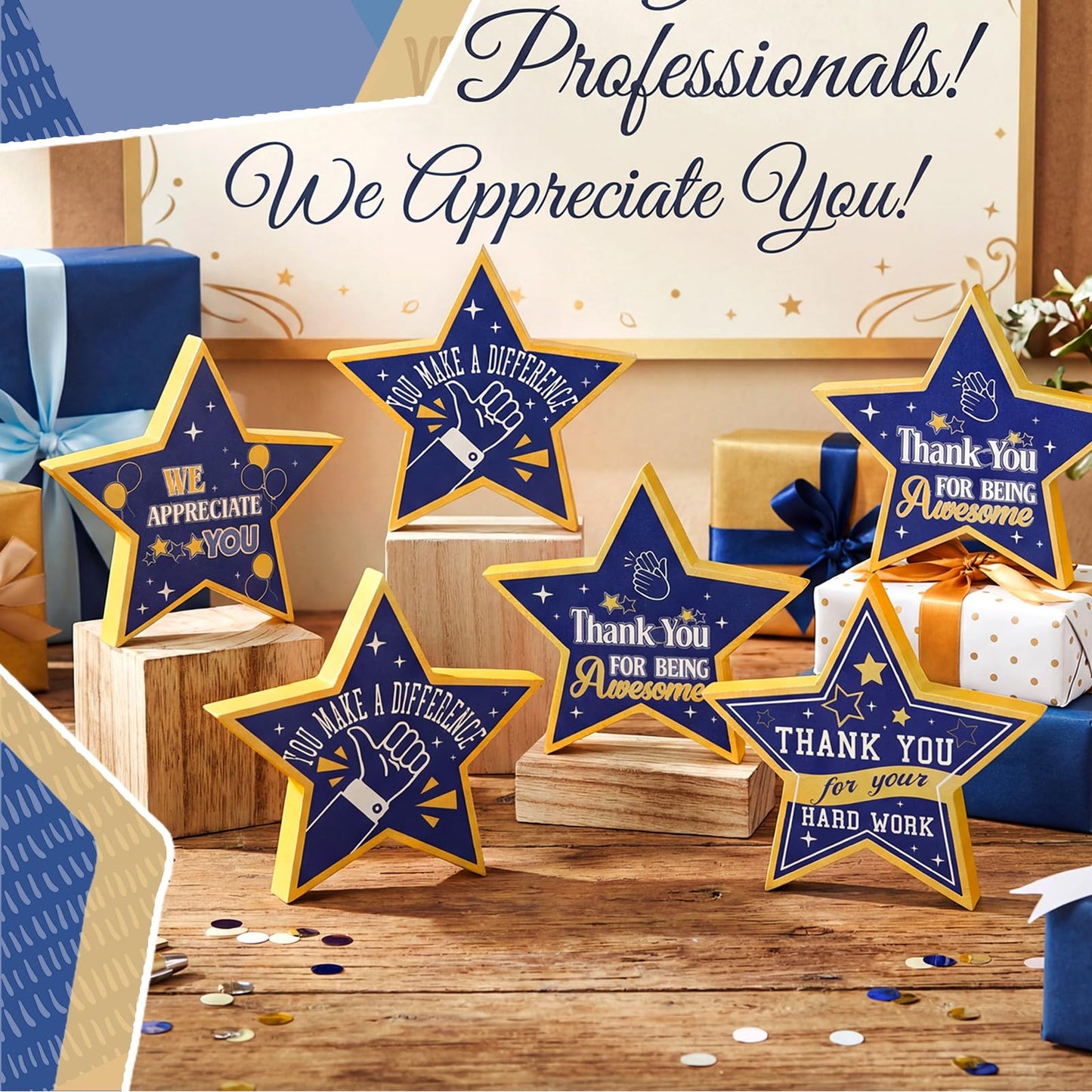 6 Pcs Employee Appreciation Wooden Star Table Sign Blue Gold Employee Appreciation Decorations Thank You Wooden Table Sign Centerpieces for CNA Surgical Technologists Week Team Staff Awards Gifts