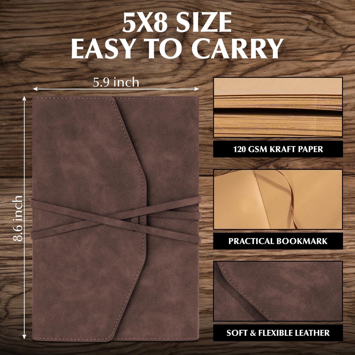 MINICAGIE Vintage Journal for Women Men Leather Bound Journaling Notebook Diary 160 Pages Book of Shadows Journal Soft Cover Journals for Writing Travel Gifts, 5.9x 8.6 in, Brown