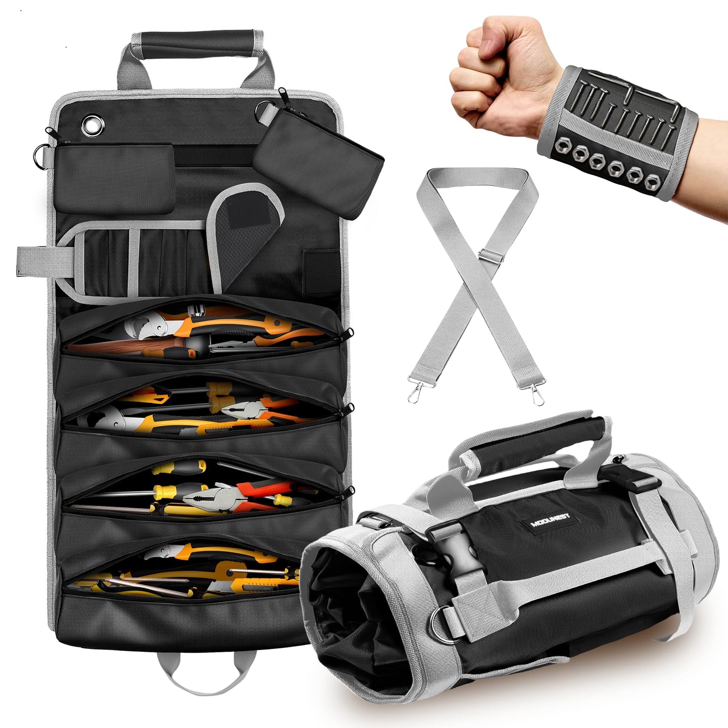 Tool Bag Roll Up Large Heavy Duty, Waterproof Oxford Fabric Tool Storage Organizer with Shoulder Strap Detachable Magnetic Wristband, Foldable Carrying Toolbag for Car Mechanic and Electrician(Black)