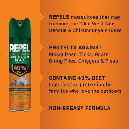 Repel Insect Repellent Sportsmen Max Formula 40% DEET, 6.5 Ounces, Long-Lasting Aerosol Insect Repellent Spray Repels Mosquitoes, Ticks, Gnats, Biting Flies, Chiggers And Fleas