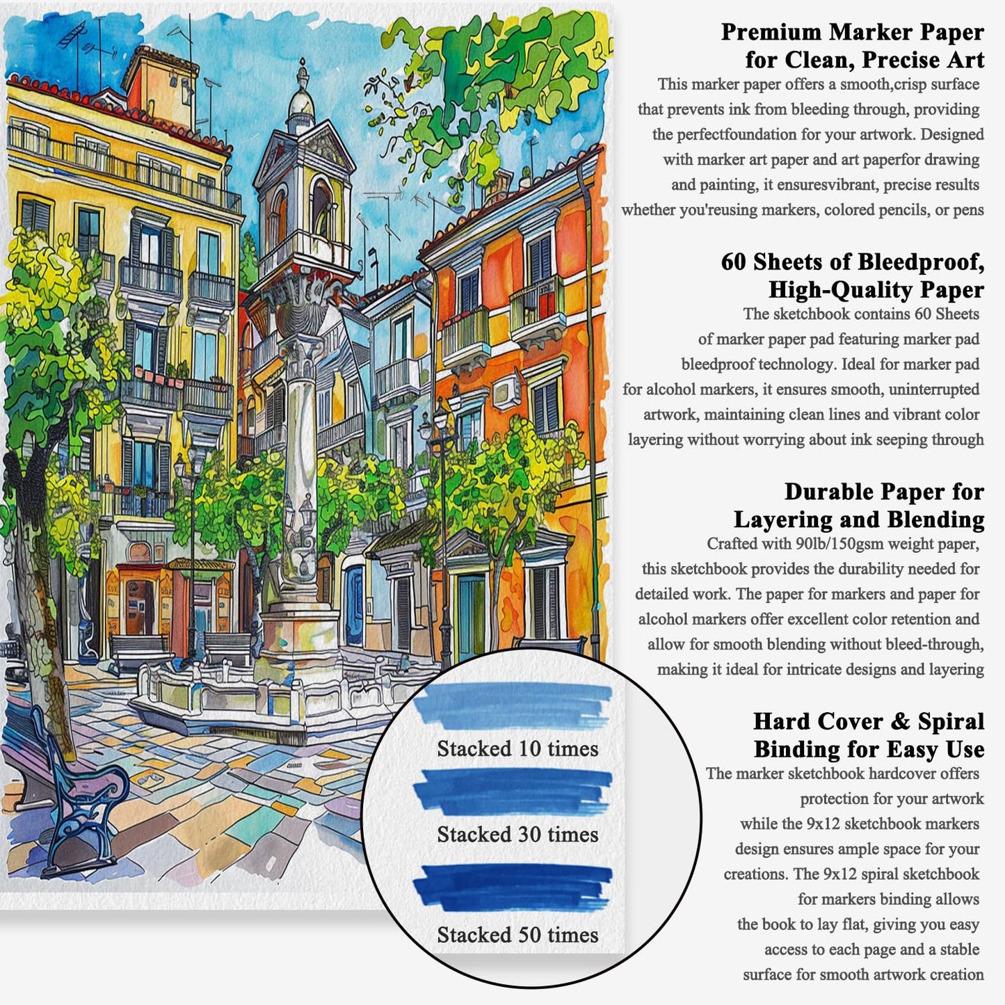 Marker Paper Sketchbook 9x12, 60 Sheets Marker Pad for Alcohol Markers, 90lb/150gsm Paper for Markers with No Bleeding, Sketch Book for Alcohol Markers bleedproof for Adults, Artists, Beginners, Kids.