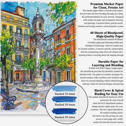 Marker Paper Sketchbook 9x12, 60 Sheets Marker Pad for Alcohol Markers, 90lb/150gsm Paper for Markers with No Bleeding, Sketch Book for Alcohol Markers bleedproof for Adults, Artists, Beginners, Kids.
