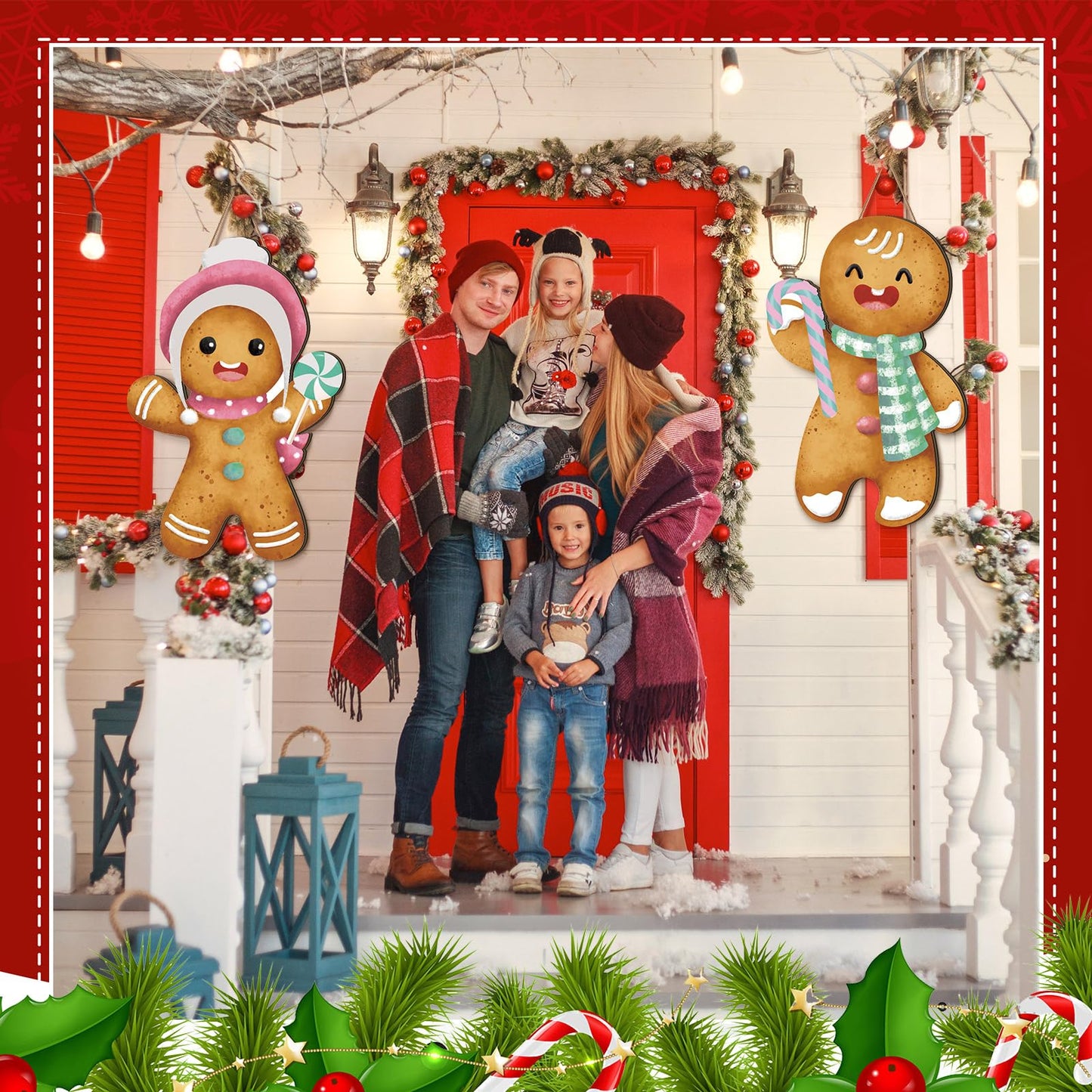 2 Pcs Pastel Gingerbread Christmas Decorations Christmas Wreath Hanging Sign for Front Door Candyland Wooden Welcome Signs Gingerbread Man Hanging Signs Ginger Bread Decor for Holiday