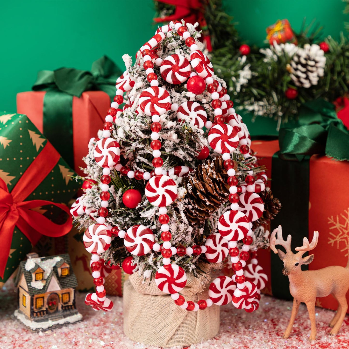 Christmas Candy Garland, Red Christmas Tree Bead Garlands Xmas Decorations Hanging Peppermint for Party Wreaths Home Fireplace Ornaments (10 Feet)