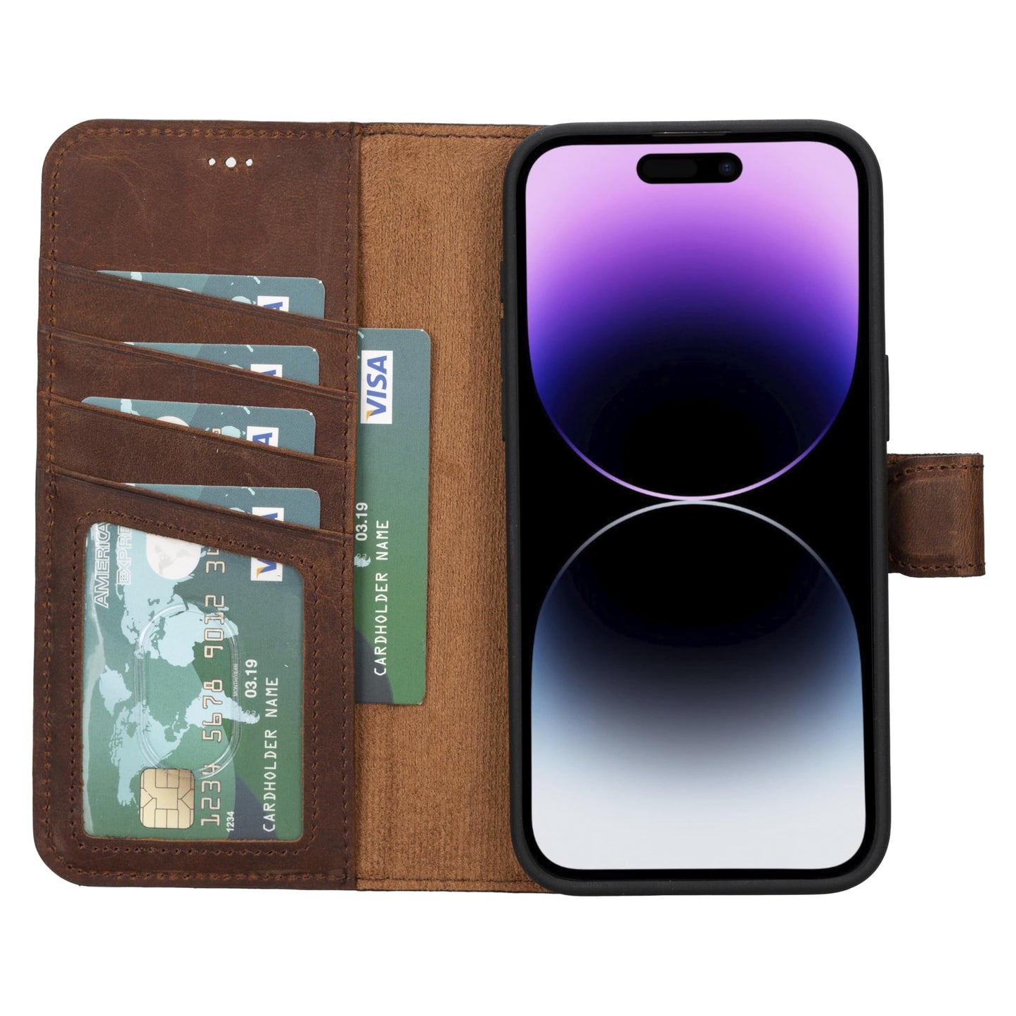 VENOULT Detachable Wallet Case for iPhone 15 Pro MAX, 4 Card Holder Wallet, Man or Women Folio Cover, Compatible with Magsafe, RFID, Genuine Leather, Kick Stand (Vintage Brown)