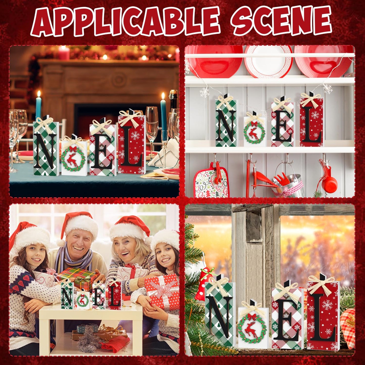 Christmas Wooden Noel Decorations,4Pcs Rustic Christmas Table Sign Decor,Letter Freestanding Xmas Centerpiece Table Tiered Tray Sign for Indoor Party New Year Winter Holiday Home Fireplace