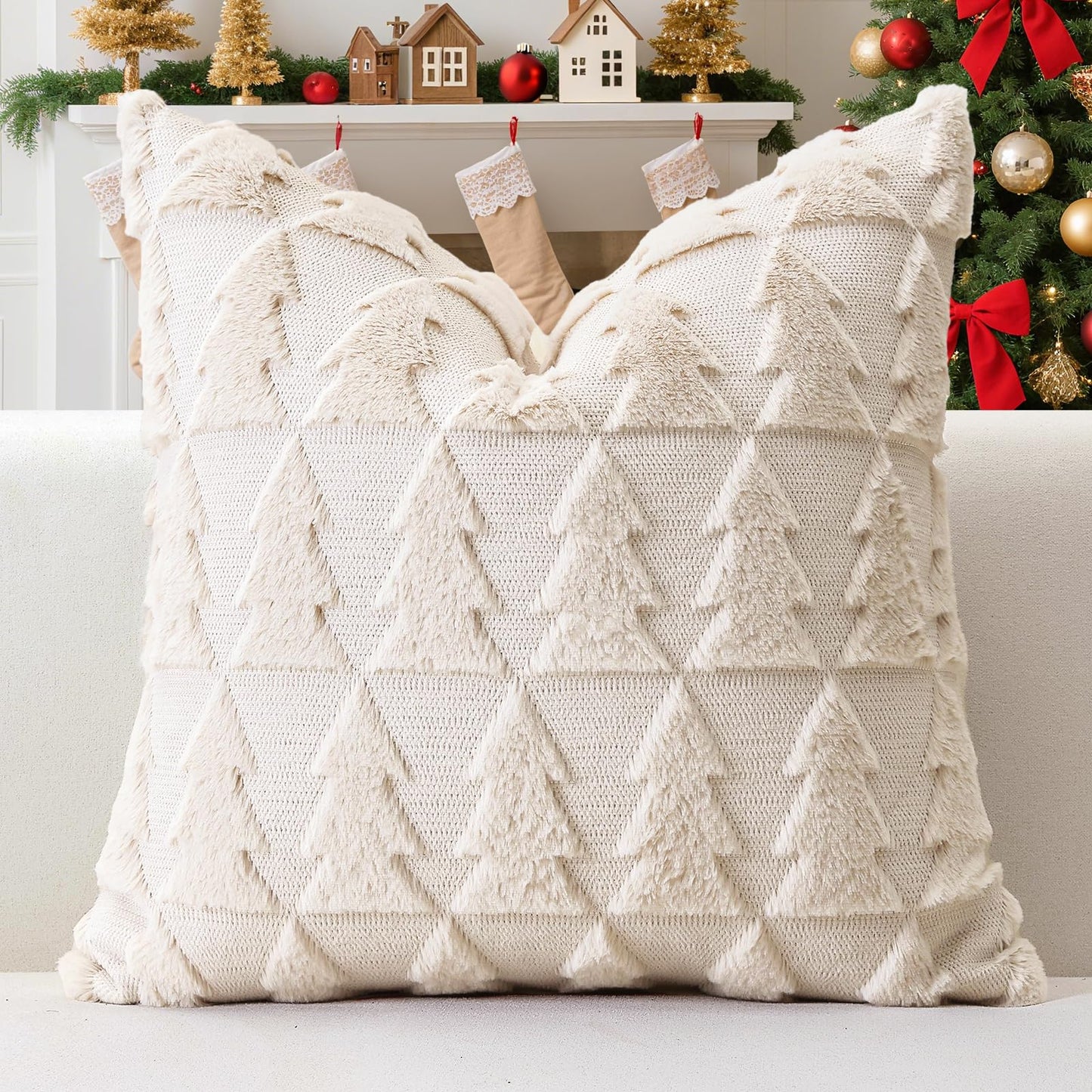 OTOSTAR Set of 1 Xmas Soft Plush Short Wool Velvet Decorative Throw Pillow Covers Square Luxury Style Cushion Case Pillow Shell for Sofa Bedroom Christmas Tree Cream Beige, 22x22 Inch