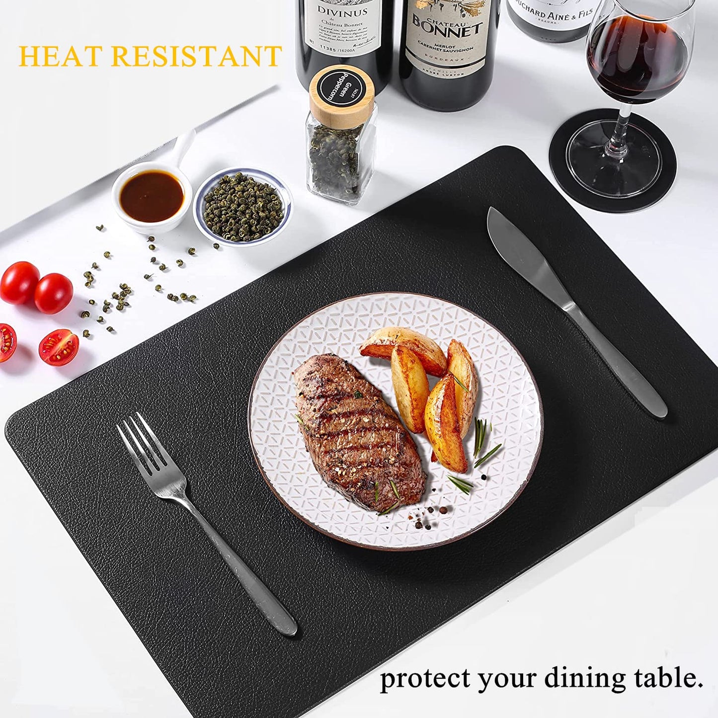 Abuzhen Faux Leather Placemats Set of 6, Place Mats with Coasters, Waterproof Wipeable Washable PU Table Mats for Dining Table and Decor, Easy to Care, Anti-Slip Place Mats (Set of 6, Rectangle Black)