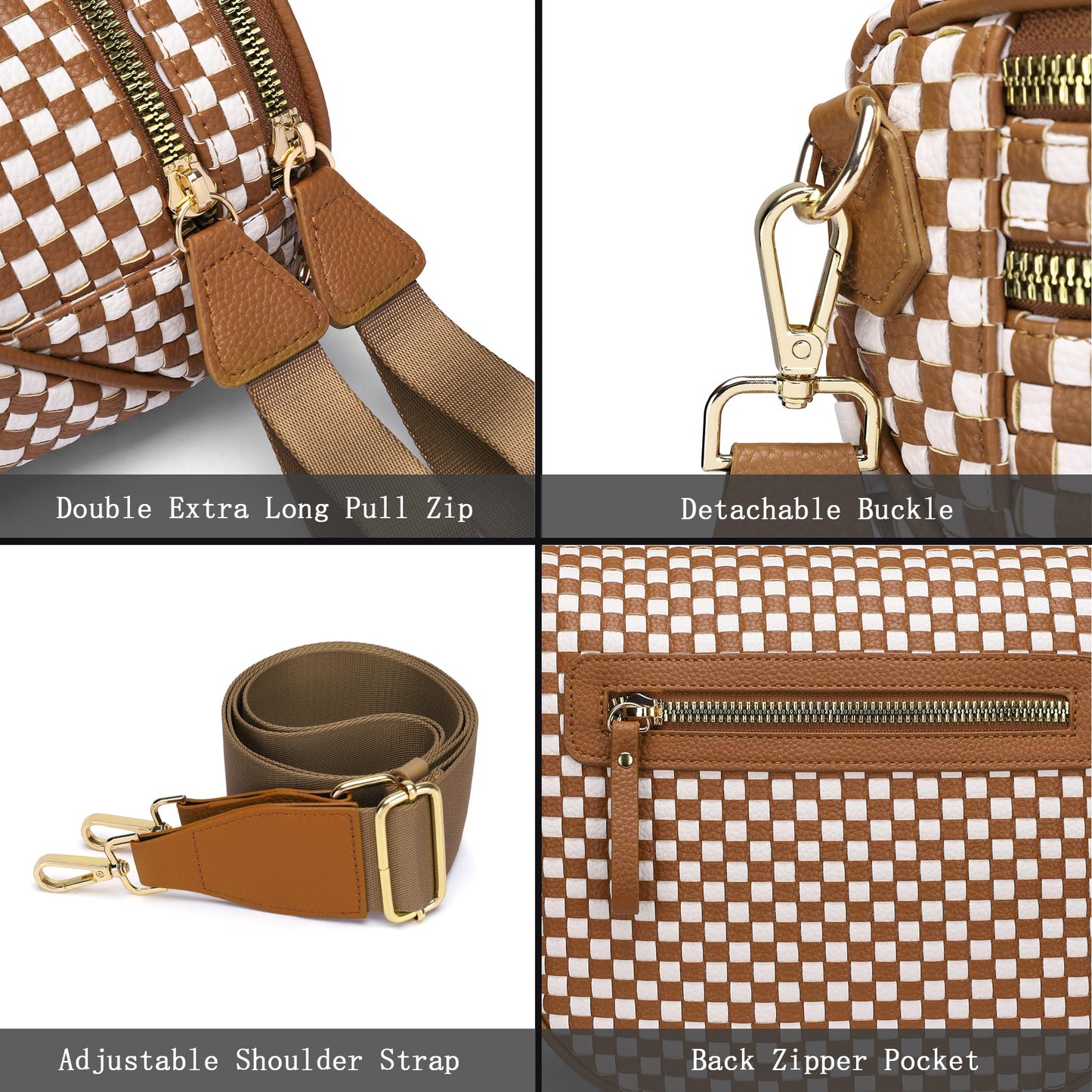 AMZFROG Checkered Woven Crossbody Bum Bags for Women Trendy Casual Chest Bag Sling Bags Genuine Leather Fanny Packs Adjustable Strap Large Shoulder Handags for Outdoor Travel Brown White