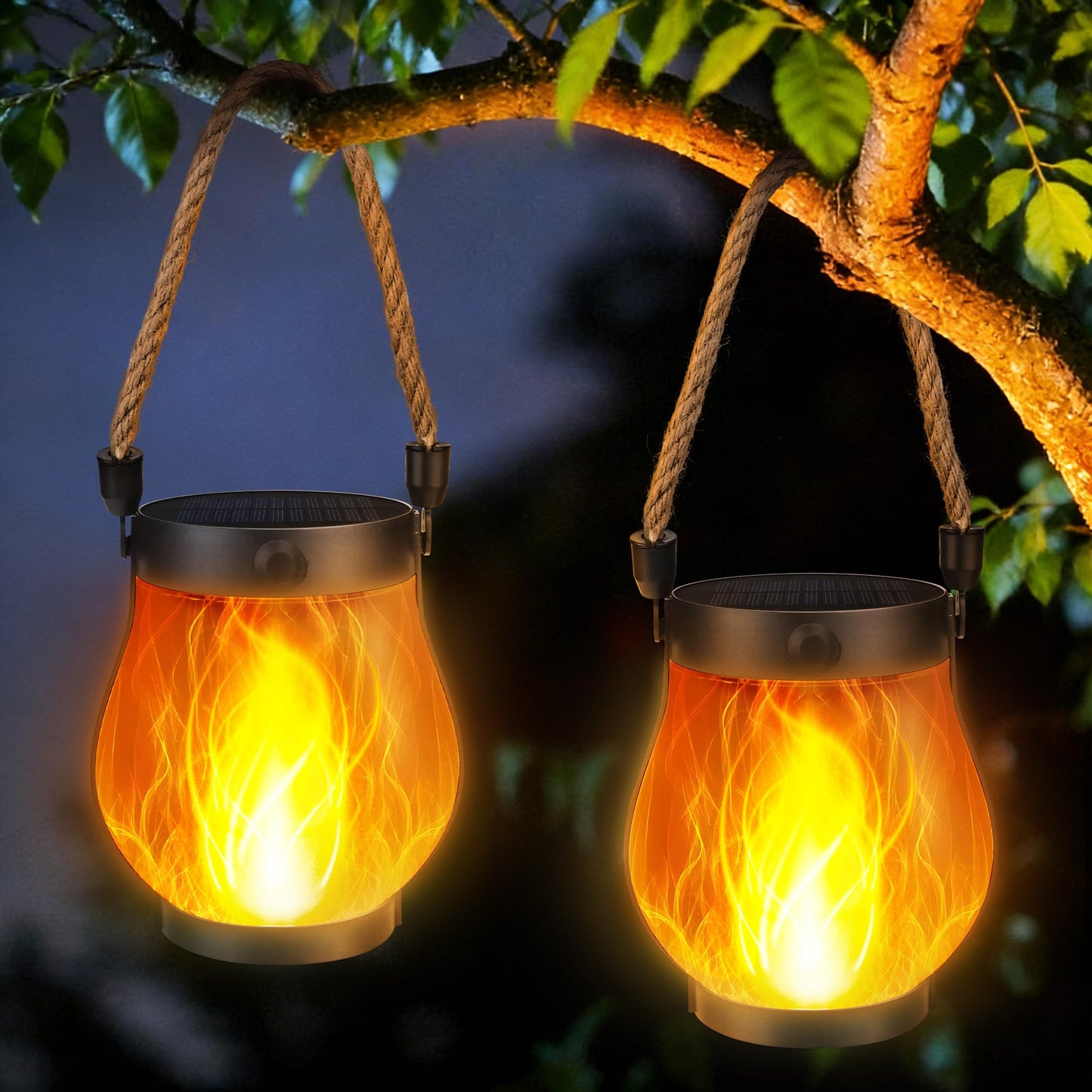 Jyoiat Solar Outdoor Lanterns Waterproof - 2 Pack Ultra-Real Flame Solar Lantern Lights with Dual Charging Modes (Solar/USB) for Garden Yard Patio Birthday Mothers Day Gifts (Warm White - 2 Pack)