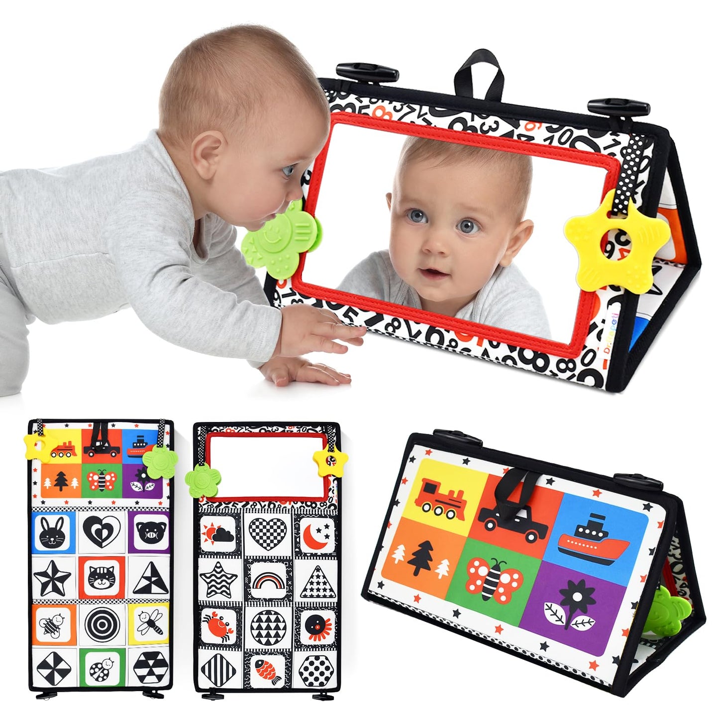 Dr.Rapeti Tummy Time Floor Mirror for Baby Infant Toddler Kids Black and White High Contrast Baby Toy with Teethers Floor Activity Toy Washable Non-Toxic