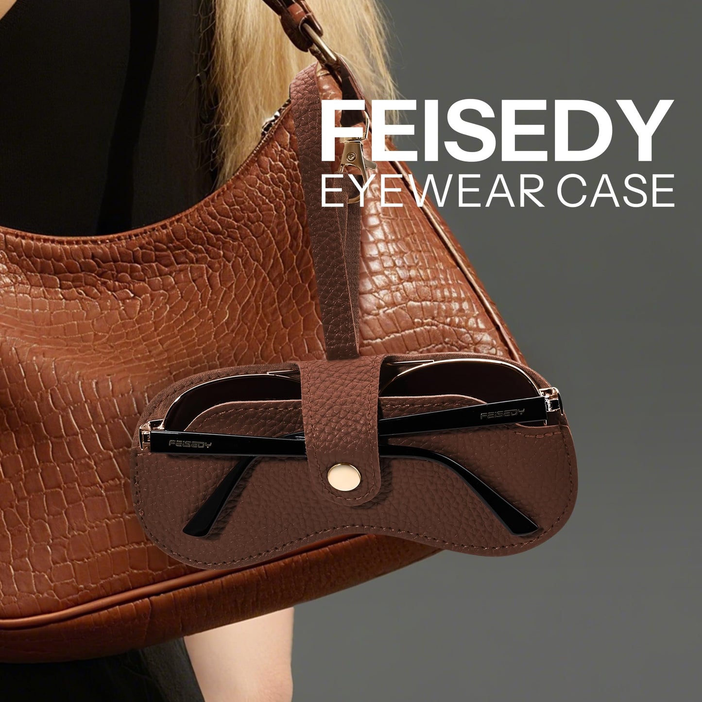 FEISEDY 2Pack Soft Leather Sunglass Case-Slim Portable Glasses Holder with Button-Closure Wrist Strap for Travel & Outdoor B0308