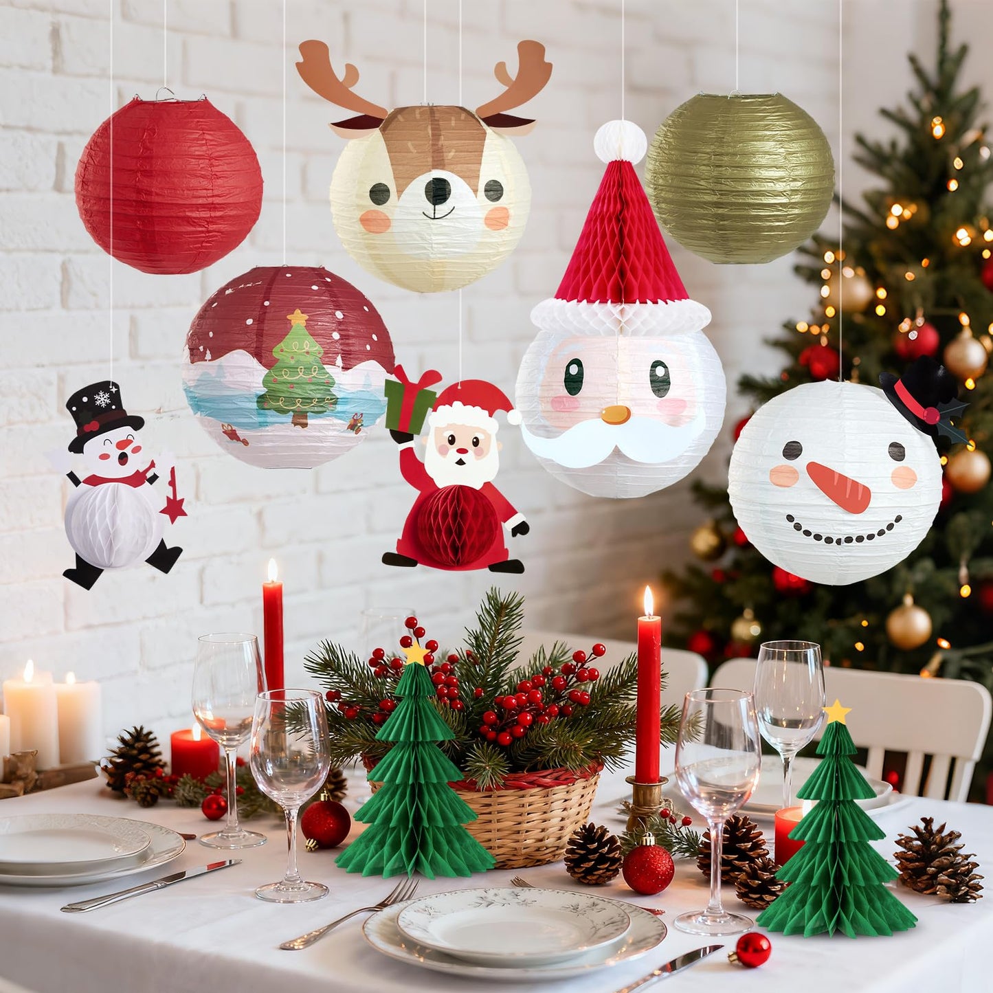 OBBOLO Christmas Hanging Paper Lanterns and Honeycomb Set, 11 PCS Santa Snowman Reindeer Theme Lanterns and Paper Christmas Tree Honeycombs, Holiday Ceiling Party Decorations for Home, Classroom