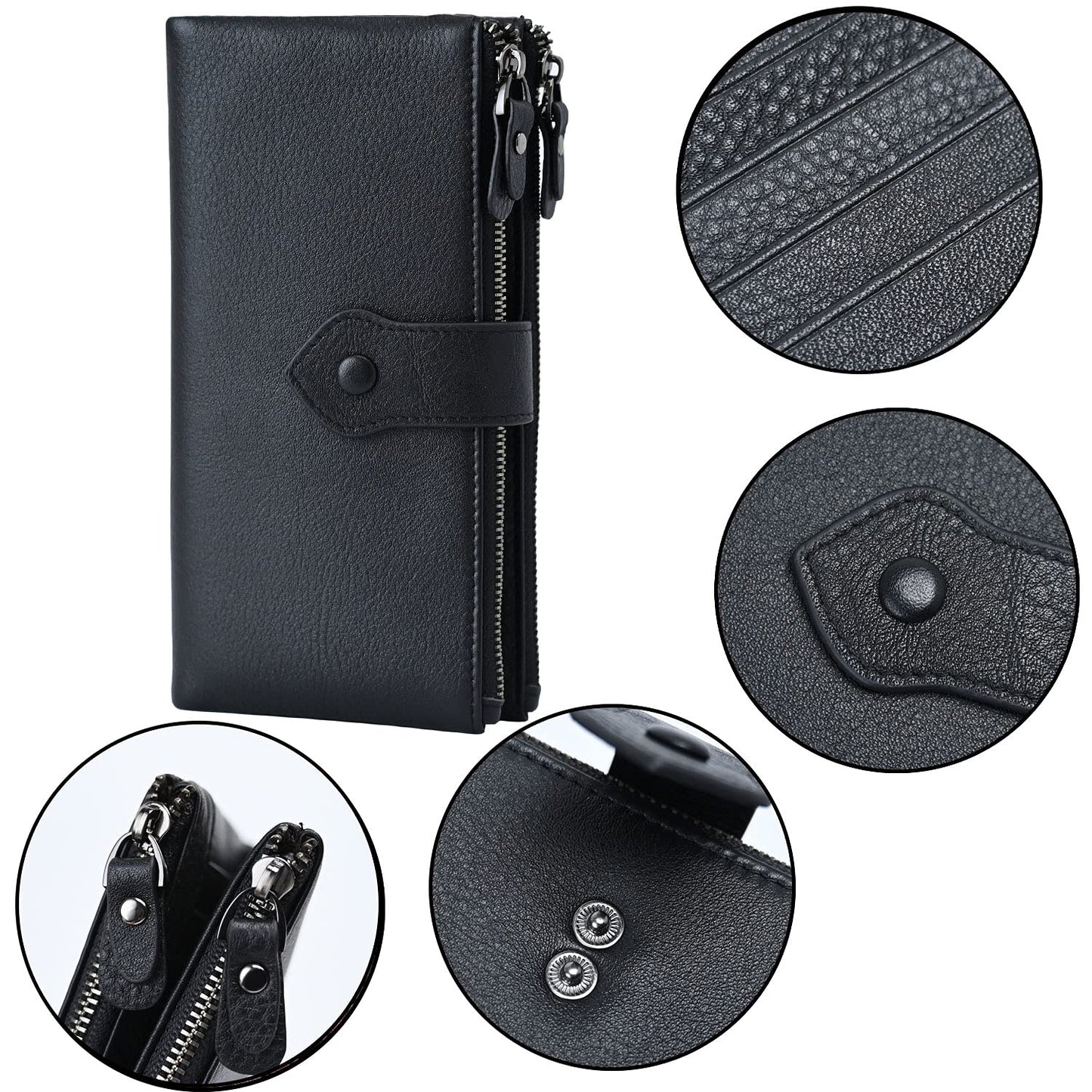Bveyzi Women Soft Leather RFID Blocking Bifold Slim Wallets Ladies Credit Card Holder Double Zipper Pocket(Black)