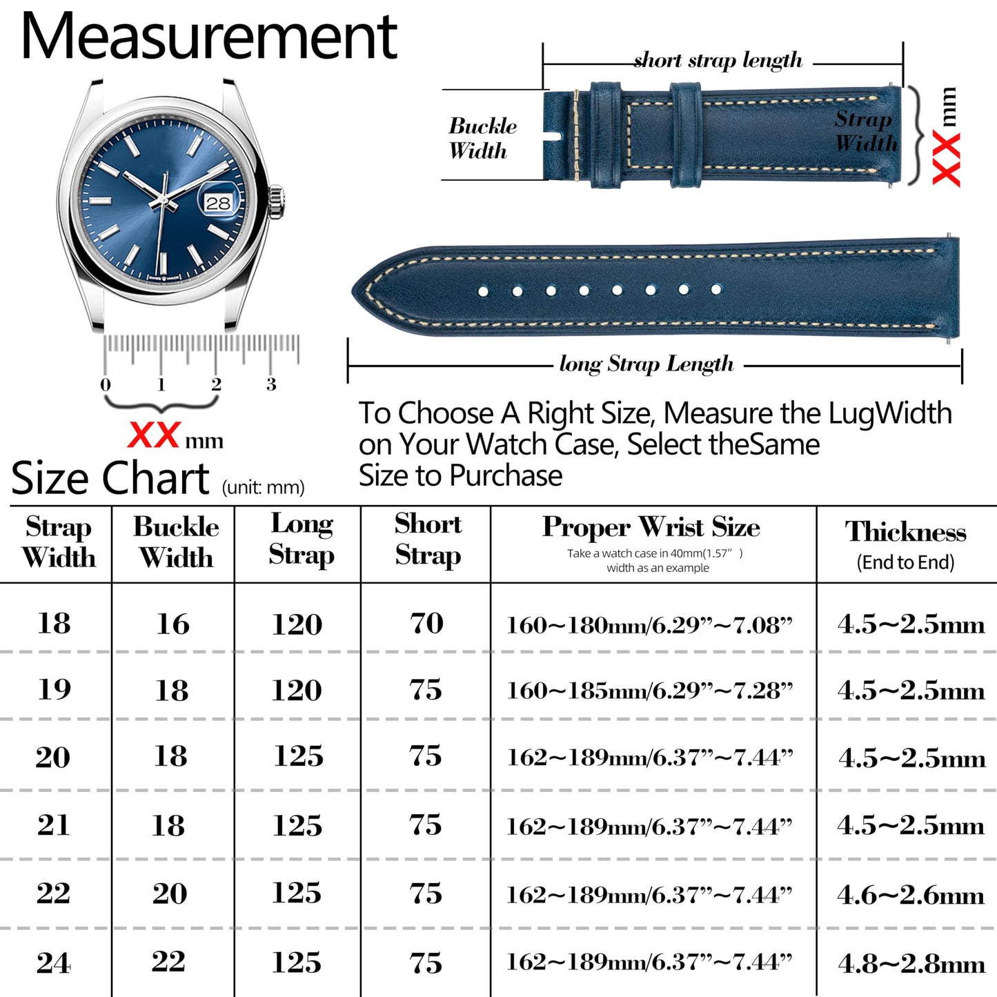 Gomvadr Vintage Genuine Top Grain Leather Watch Strap Quick Release, 18/19/20/21/22/24mm, Silver/Black Buckle, Universal Fit Unisex for Daily Wear (Blue with Silver Buckle, 18mm)
