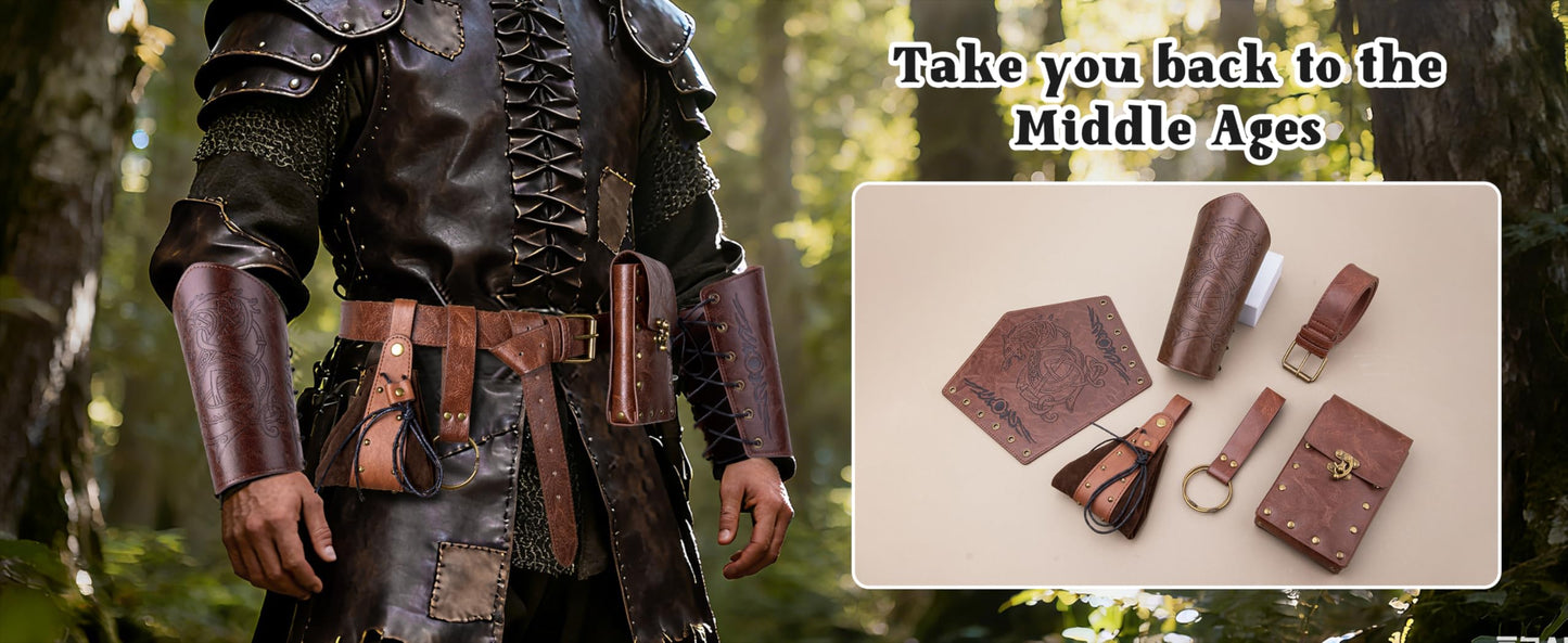 Medieval Steampunk Renaissance LARP Set - Steampunk Belt Leather Belt Bag Potion Bottle Holder & Adjustable Arm Guards for Cosplay Halloween & Festivals
