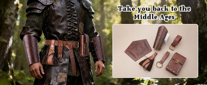 Medieval Steampunk Renaissance LARP Set - Steampunk Belt Leather Belt Bag Potion Bottle Holder & Adjustable Arm Guards for Cosplay Halloween & Festivals