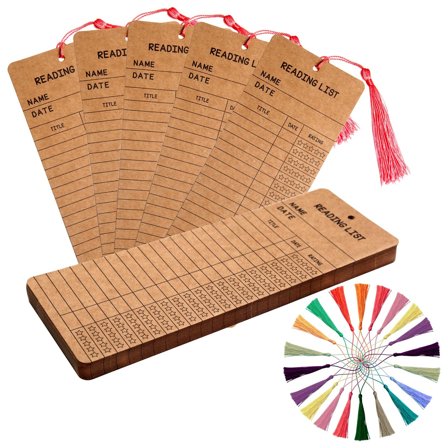 50 pcs Reading List Bookmarks with 50 Bookmark Tassels – 3x8 Inch Book Tracker and Reading Log Bulk Bookmarks for Book Lovers, Students, Teachers – Graduation Gifts, Back-to-School Supplies (Brown)