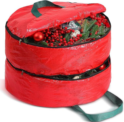 Double Layer Christmas Wreath Storage Container Bag Wreath Storage Pure Color Seasonal Garland Holiday Container Festive Box with Dual Zippers and Handles for Xmas(30 Inch,Red)