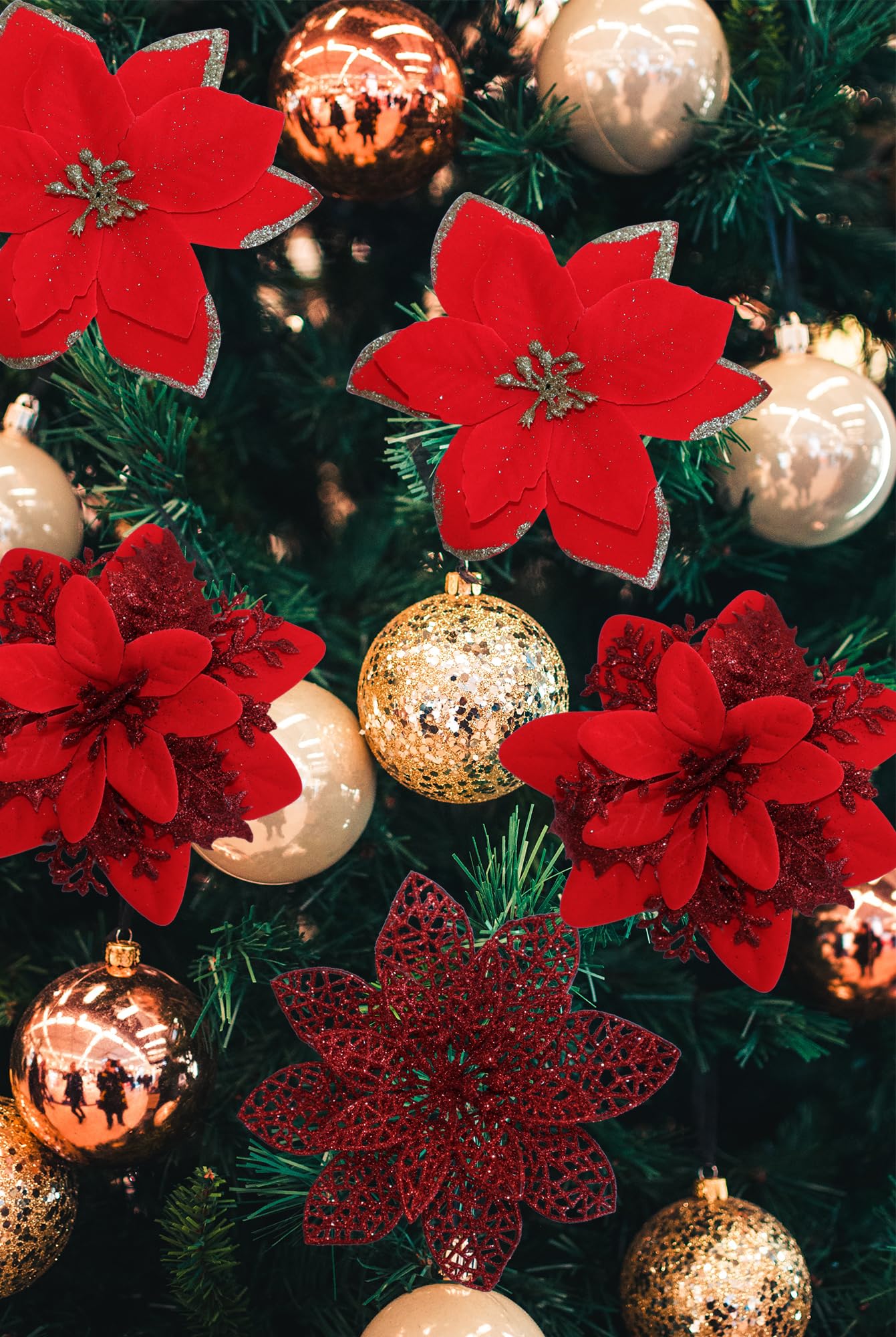 Asano Season 48 Pcs Fake Poinsettia Glitter Flowers and Berry Stems Artificial Red Christmas Flower with Clips Decoration for Xmas Tree Ornaments Party Wreath Decor (Red)