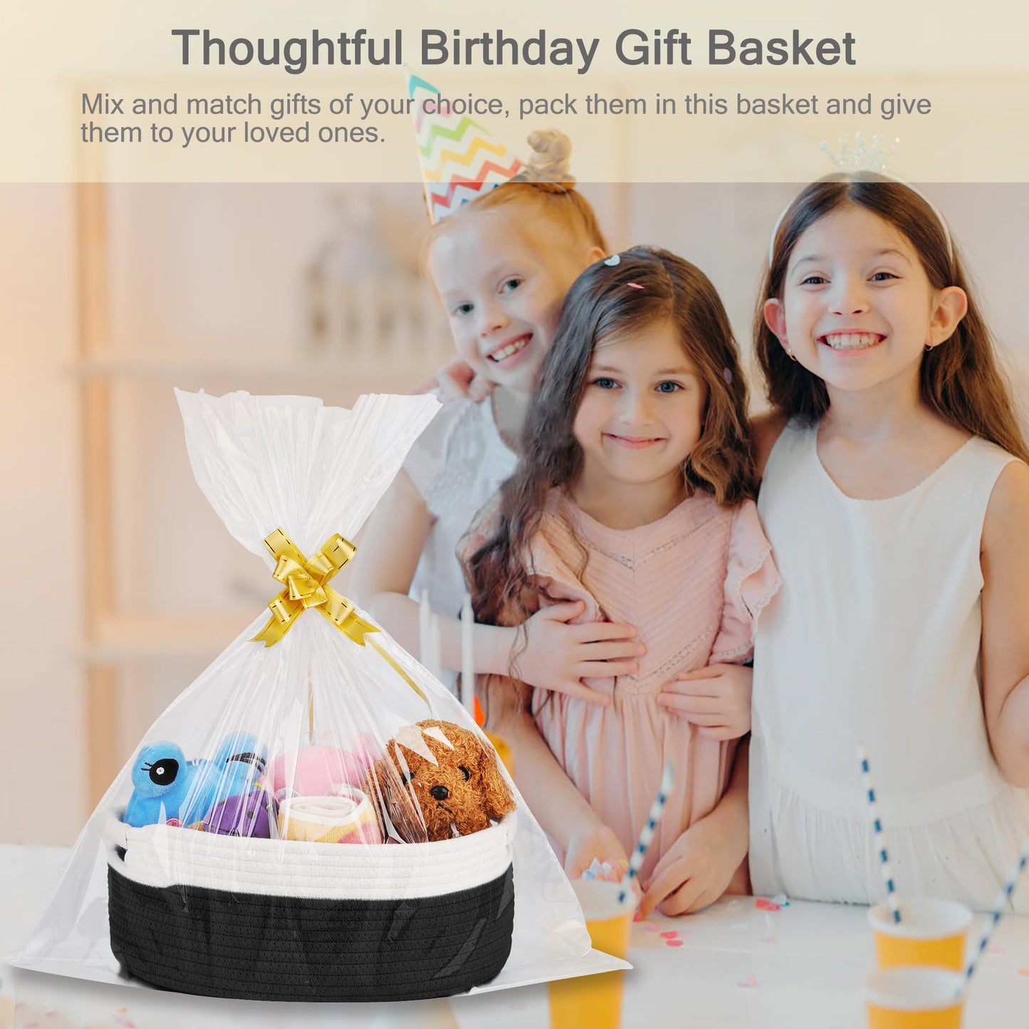 BOSROTY Small Woven Basket with Gift Bags and Ribbons, Empty Baby Gift Baskets for Kids Women Men, Shelf Storage, Small Cat Dog Pet Toy Boxes, 13”x 9”x 5.5”, Black