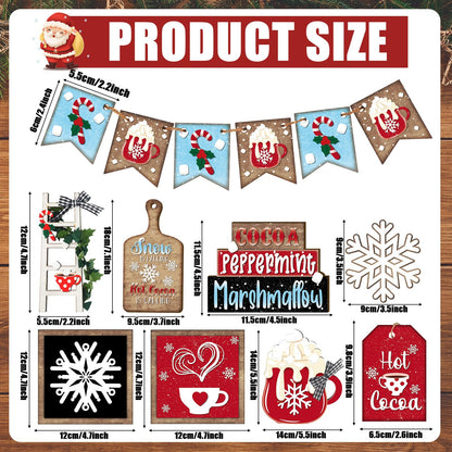 Fairysandy 14 Pcs Christmas Tiered Tray Decor Set Christmas Wooden Sign Decor Rustic Farmhouse Snowflake Cocoa Coffee Spice Blocks Winter Table Tabletop Sign for Home Xmas Shelf Coffee Bar