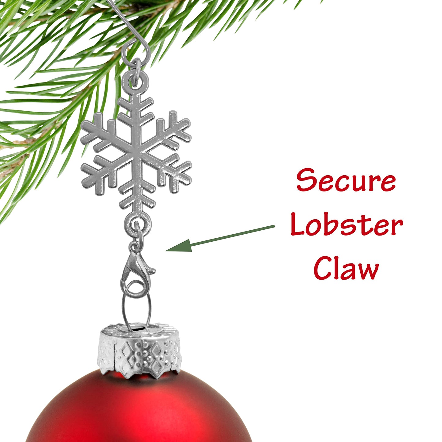 Snowflake Christmas Ornament Hooks Set of 12, Shiny Silver Christmas Tree Hangers with S-Hook and Lobster Claw, 3.5 Inch Metal Snowflake Accessories for Xmas Tree Decor, Crafts, Holiday Displays