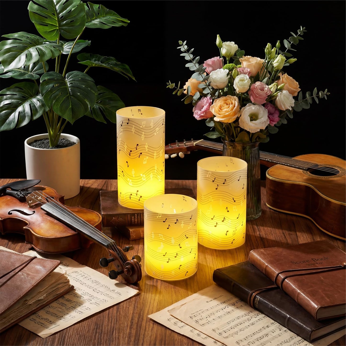 Baquler 3 Set Music Notes Flameless Candles Music Party Decorations Musical Lampshade with LED Tea Lights Black and Wihte Musical Centerpieces for Wedding Tabletop Fireplace Home Decor