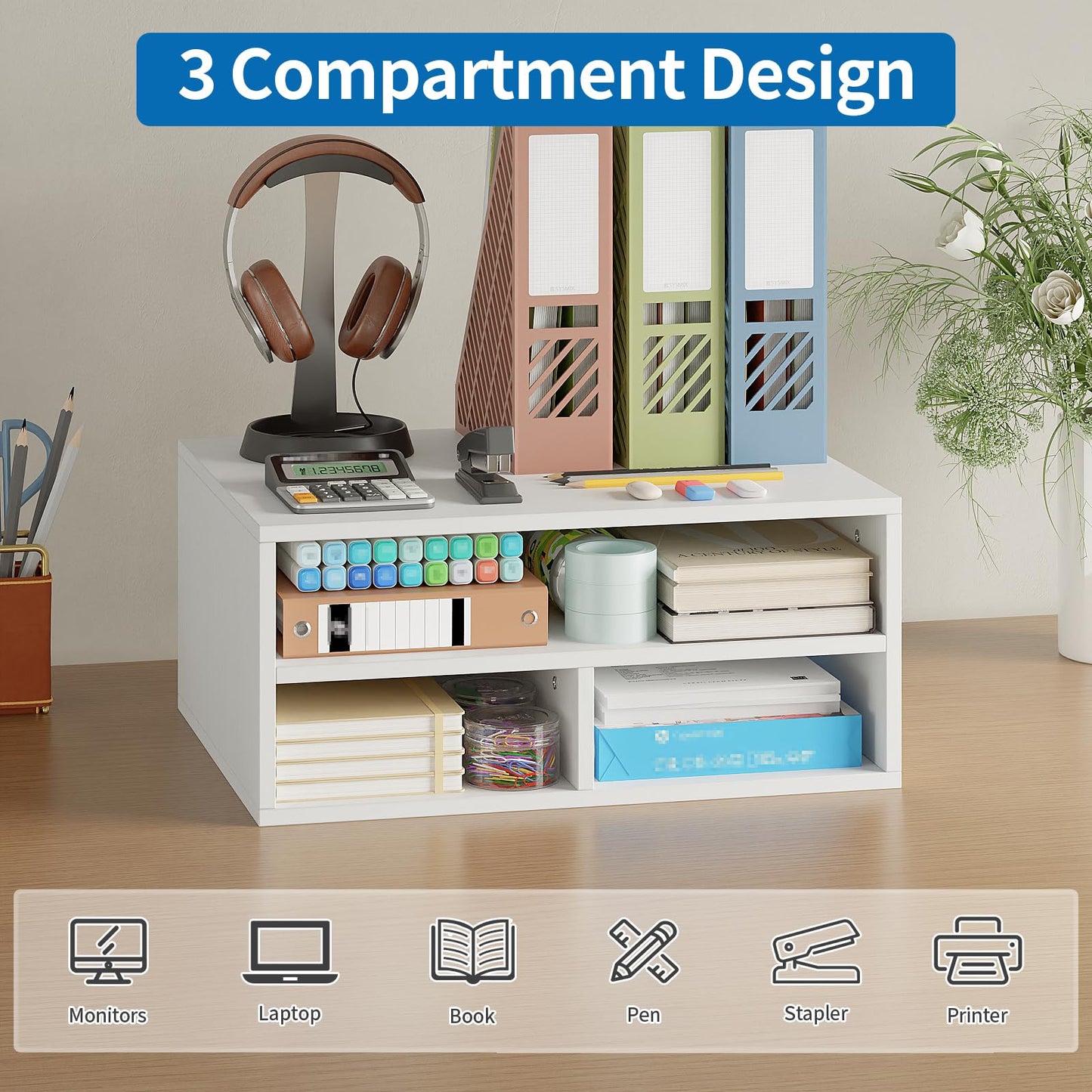 ALISENED Printer Stand for Desk, 2-Tier Wooden Desk Organizer with Adjustable Compartments, Heavy Duty Desktop Stand for Printer Scanner Monitor, Space Saving Office Organization and Storage, White