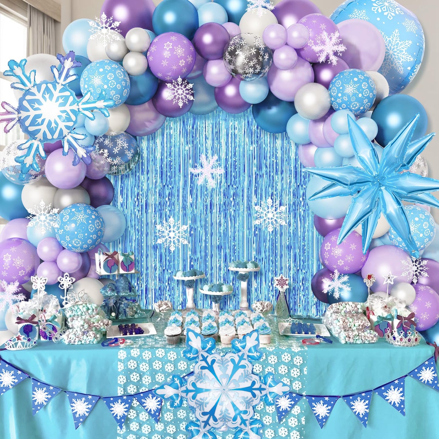 Amandir 162PCS Snow Birthday Party Supplies, Snow Balloon Garland Arch Kit Fringe Curtain Blue Purple Snowflake Confetti Balloons Princess Winter Wonderland Girl Baby Party Decorations