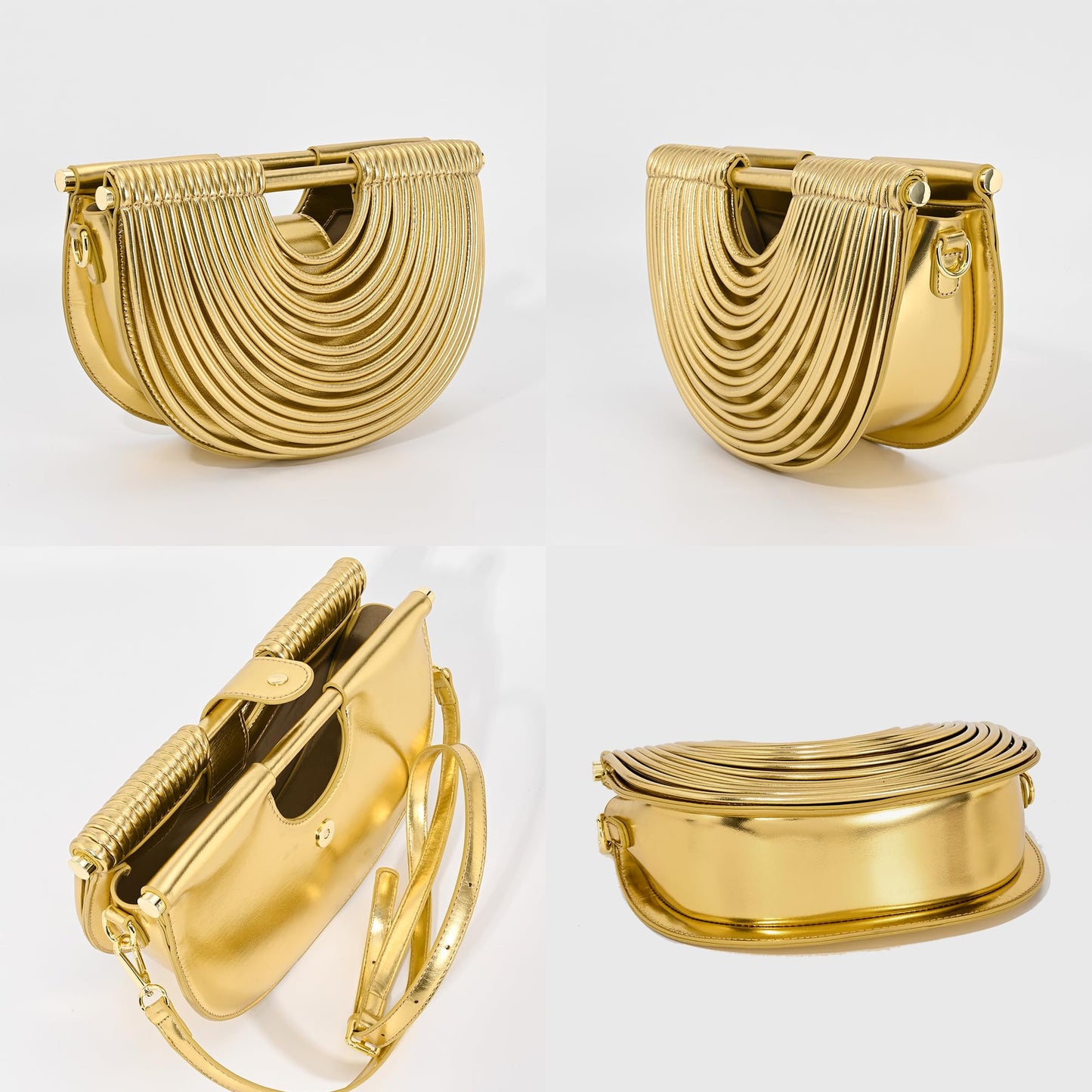 Ophlid Half-Moon Clutch Purse for Women Wedding Woven Evening Shoulder Bag Top Handle Gold Party Prom Handbag Gold