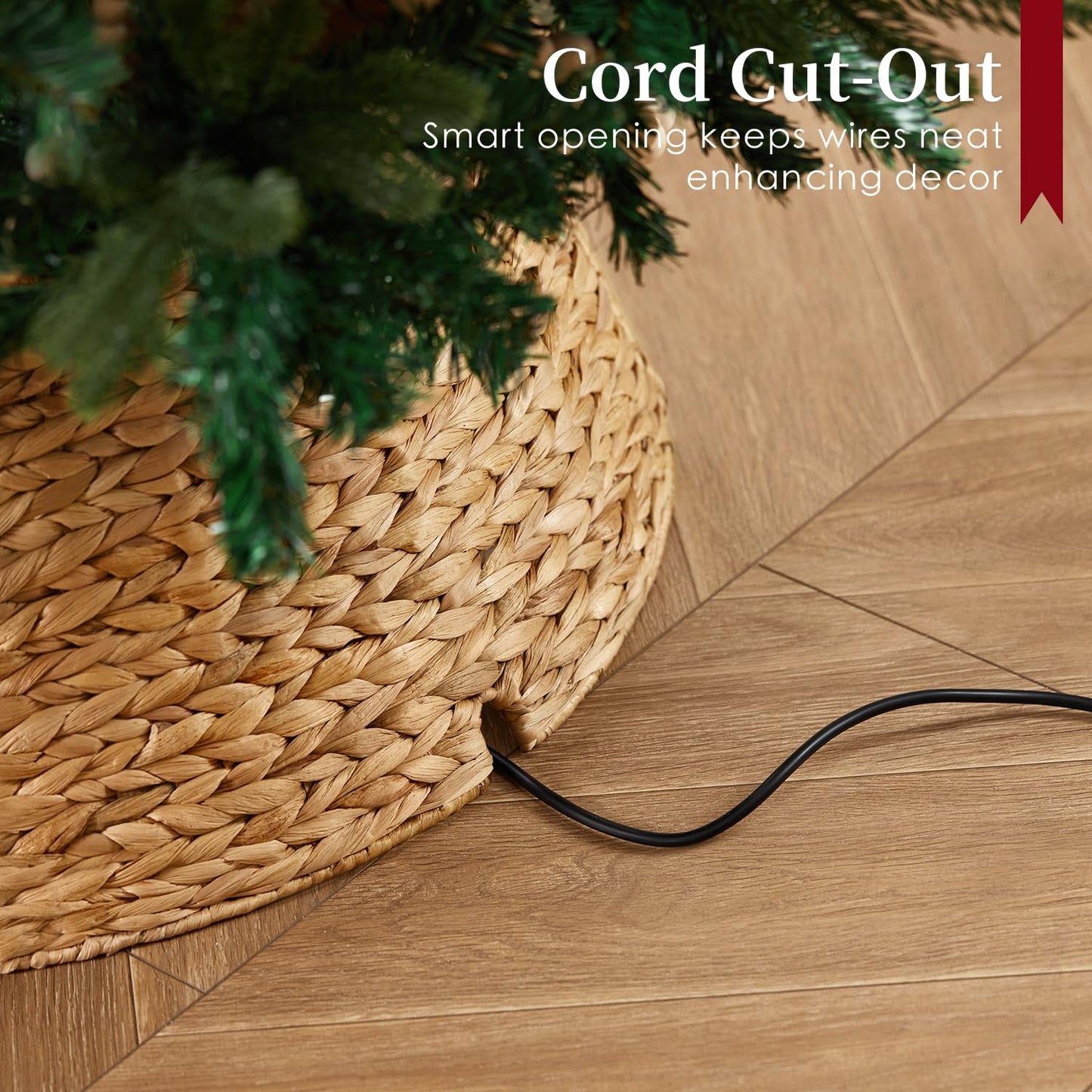 24in Hyacinth Christmas Tree Collar - Woven Rattan Basket for Christmas Tree Base Cover, Holiday Decoration for 4ft 6ft 7.5ft Artificial Trees with Cord Cut-Out(Natural)